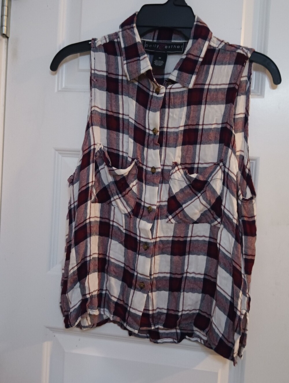 Polly & Esther Burgundy and White Plaid Sleeveless Button-Down